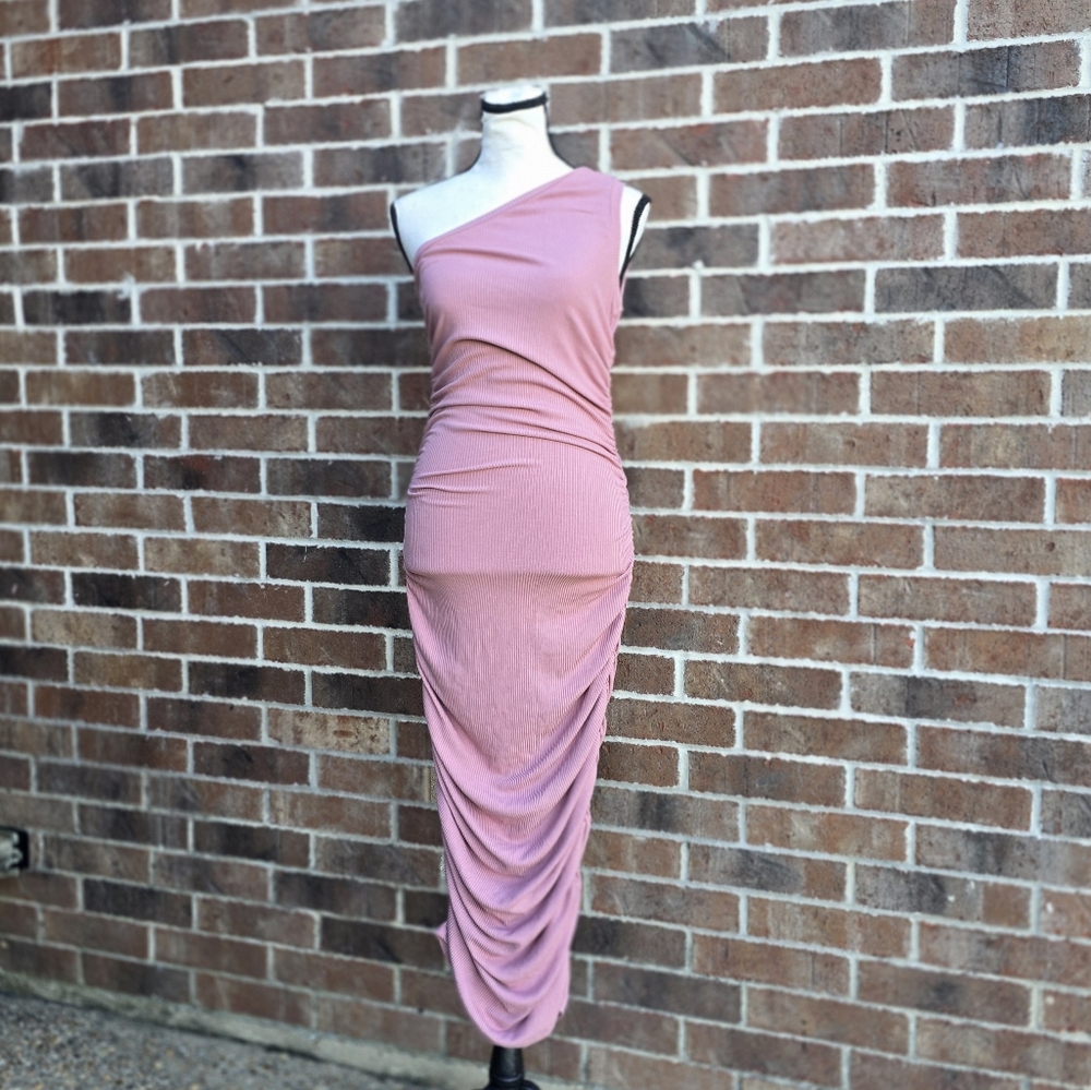 Mabel One Shoulder Ruched Bodycon Dress Mauve Pink Ribbed Knit Size M